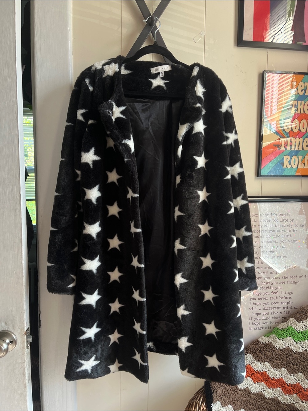 Fever Black Faux Fur Teddy Coat with White Star Print